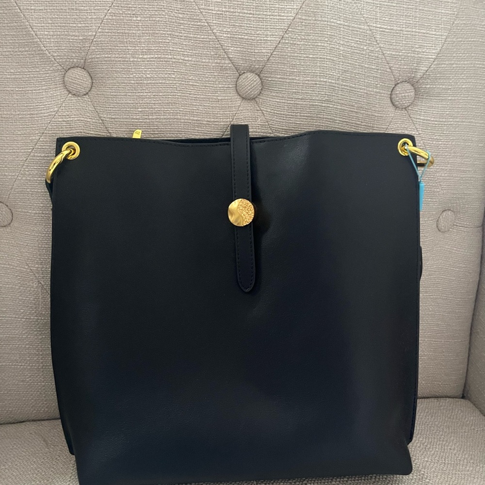 Chic Black Shoulder Bag with Gold Accents